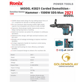 Ronix Corded Demolition Hammer, 1500W, SDS-Max  Model #2821