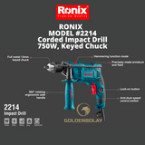 RONIX MODEL #2214 Corded Impact Drill 750W, Keyed Chuck