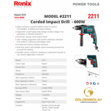 RONIX Corded Impact Drill, 600W, 220V   MODEL #2211
