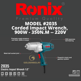 Ronix Corded Impact Wrench  900W,350N.M, 220V MODEL #2035