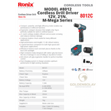 Ronix Cordless Drill Driver, 12V, 21N.M-Mega Series  Model #8012