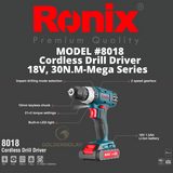 Ronix Cordless Drill Driver, 18V, 30N.M-Mega Series  Model #8018