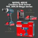 Ronix Cordless Drill Driver, 18V, 30N.M-Mega Series  Model #8018
