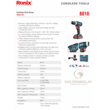 Ronix Cordless Drill Driver, 18V, 30N.M-Mega Series  Model #8018