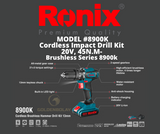 Ronix Cordless Impact Drill Kit, 20V, 45N.M-Brushless Series Model #8900k