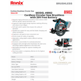 Ronix Cordless Brushless Circular Saw 20V battery Model #8902