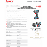 Ronix Cordless Impact Wrench, FREE BATTERY 20V, 350N.M-Brushless Series Model #8907